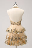 Sparkly Gold A Line Halter Tiered Sequined Backless Mini Dress