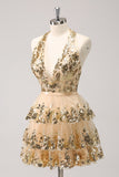 Sparkly Gold A Line Halter Tiered Sequined Backless Mini Dress