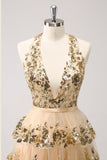 Sparkly Gold A Line Halter Tiered Sequined Backless Mini Dress