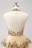 Sparkly Gold A Line Halter Tiered Sequined Backless Mini Dress