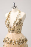 Sparkly Gold A Line Halter Tiered Sequined Backless Mini Dress