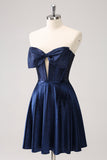 Sparkly Navy Beaded Corset Hollow Out Mini Dress With Bow