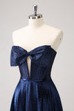 Sparkly Navy Beaded Corset Hollow Out Mini Dress With Bow