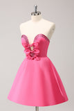 Sparkly Fuchsia A Line Beaded Strapless Mini Dress with Bows