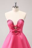 Sparkly Fuchsia A Line Beaded Strapless Mini Dress with Bows