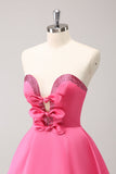 Sparkly Fuchsia A Line Beaded Strapless Mini Dress with Bows