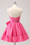 Fuchsia A-Line Strapless Ruffle Mini Dress with Bow