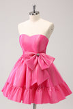 Fuchsia A-Line Strapless Ruffle Mini Dress with Bow