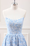 Blue Corset Strapless Pleated A Line Asymmetrical Dress