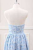 Blue Corset Strapless Pleated A Line Asymmetrical Dress