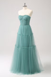 Eucalyptus Strapless Corset Tulle A-Line Maxi Dress