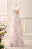 White Red Floral A-Line Spaghetti Straps Floor Length Dress