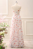 White Red Floral A-Line Spaghetti Straps Floor Length Dress