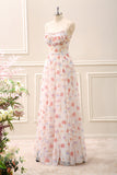 White Red Floral A-Line Spaghetti Straps Floor Length Dress