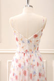 White Red Floral A-Line Spaghetti Straps Floor Length Dress