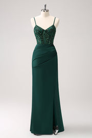 Dark Green Mermaid Spaghetti Straps Satin Maxi Dress with Slit