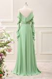 Light Green Cold Shoulder Chiffon Ruffled Maxi Dress with Slit