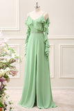 Light Green Cold Shoulder Chiffon Ruffled Maxi Dress with Slit