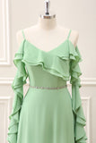 Light Green Cold Shoulder Chiffon Ruffled Maxi Dress with Slit