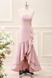 Pink Strapless Mermaid Ruffled Asymmetrical Dress