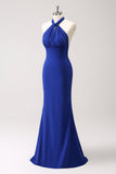 Glitter Blue Halter Mermaid Long Bridesmaid Dress