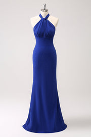 Glitter Blue Halter Mermaid Long Bridesmaid Dress