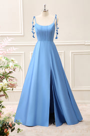 Blue A Line Satin Corset Maxi Dress with Slit