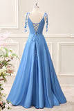 Blue A Line Satin Corset Maxi Dress with Slit