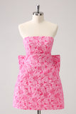 Fuchsia A Line Floral Strapless Mini Dress With Bow