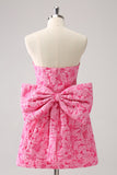 Fuchsia A Line Floral Strapless Mini Dress With Bow