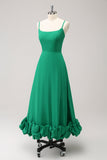 Elegant Green A Line Spaghetti Straps Tea Length Dress