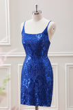 Sparkly Royal Blue Bodycon Square Neck Mini Dress with Lace up Back