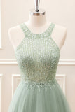 Dusty Green Halter Sequins A Line Mini Dress