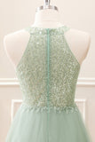 Dusty Green Halter Sequins A Line Mini Dress