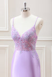 Lilac Spaghetti Straps Beaded Appliques Satin Bodycon Mini Dress