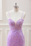 Sparkly Lilac Sequins Beaded Bodycon Mini Dress with Appliques