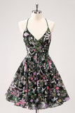 Sparkly Black A Line Floral Mini Dress with Sequins