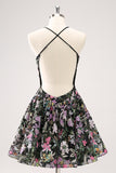 Sparkly Black A Line Floral Mini Dress with Sequins