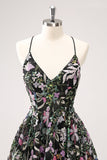 Sparkly Black A Line Floral Mini Dress with Sequins