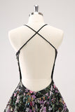 Sparkly Black A Line Floral Mini Dress with Sequins