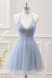 Cute A Line Dusty Blue Backless Tulle Beaded Mini Dress