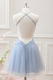 Cute A Line Dusty Blue Backless Tulle Beaded Mini Dress