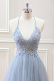 Cute A Line Dusty Blue Backless Tulle Beaded Mini Dress