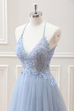 Cute A Line Dusty Blue Backless Tulle Beaded Mini Dress