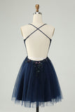 Glitter Navy A-Line Sequined Tulle Mini Dress