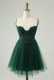 Glitter Dark Green A Line Beaded Appliques Tulle Mini Dress