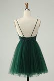 Glitter Dark Green A Line Beaded Appliques Tulle Mini Dress