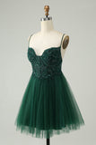 Glitter Dark Green A Line Beaded Appliques Tulle Mini Dress