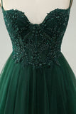 Glitter Dark Green A Line Beaded Appliques Tulle Mini Dress