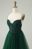 Glitter Dark Green A Line Beaded Appliques Tulle Mini Dress